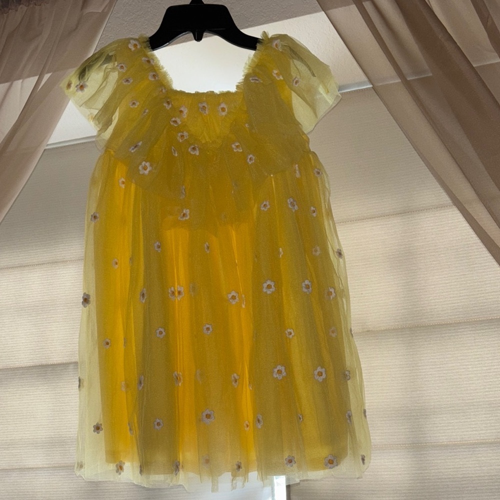 Sunny Yellow Tulle Dress with Floral Embroidery